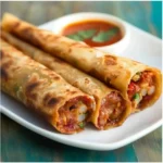 Spicy Schezwan Roti Roll served on a plate with fresh vegetables.