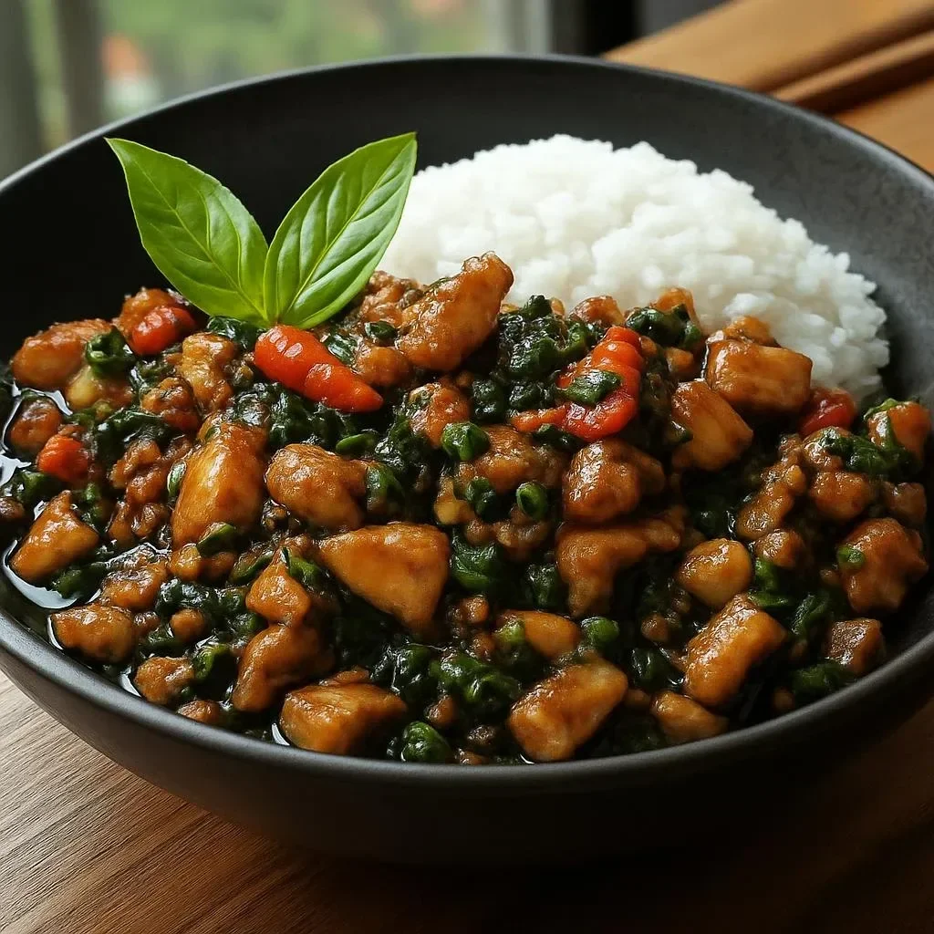 Plate of Spicy Thai Basil Chicken with vibrant vegetables and fragrant basil leaves.