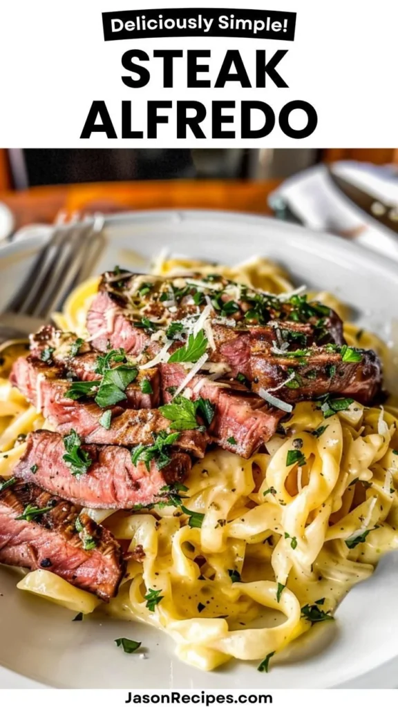 Delicious Steak Alfredo served with creamy fettuccine and tender steak