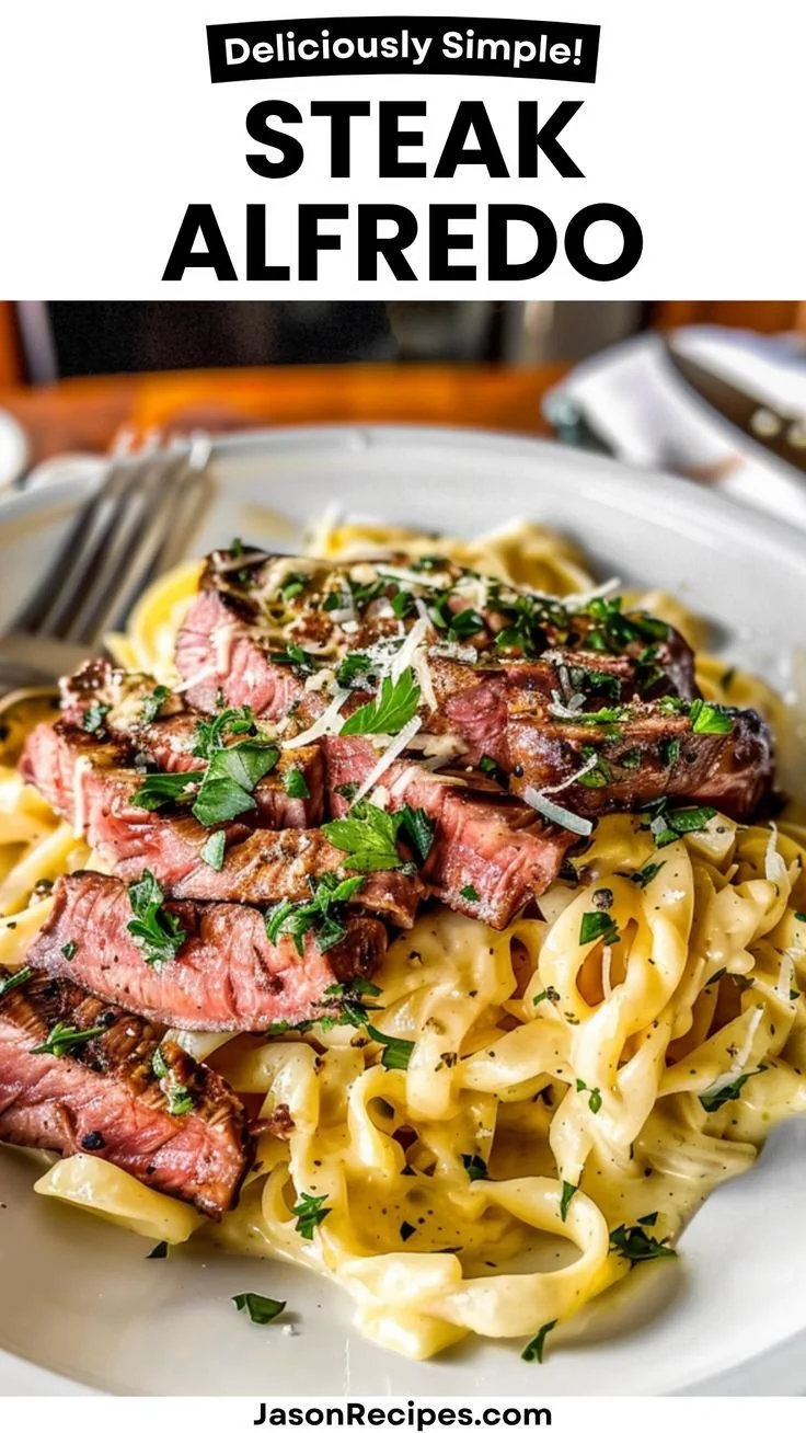 Delicious Steak Alfredo served with creamy fettuccine and tender steak