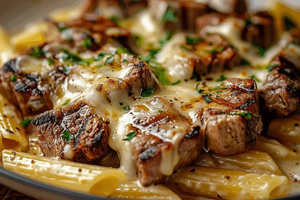 Delicious steak pasta with creamy garlic parmesan sauce served in a bowl.