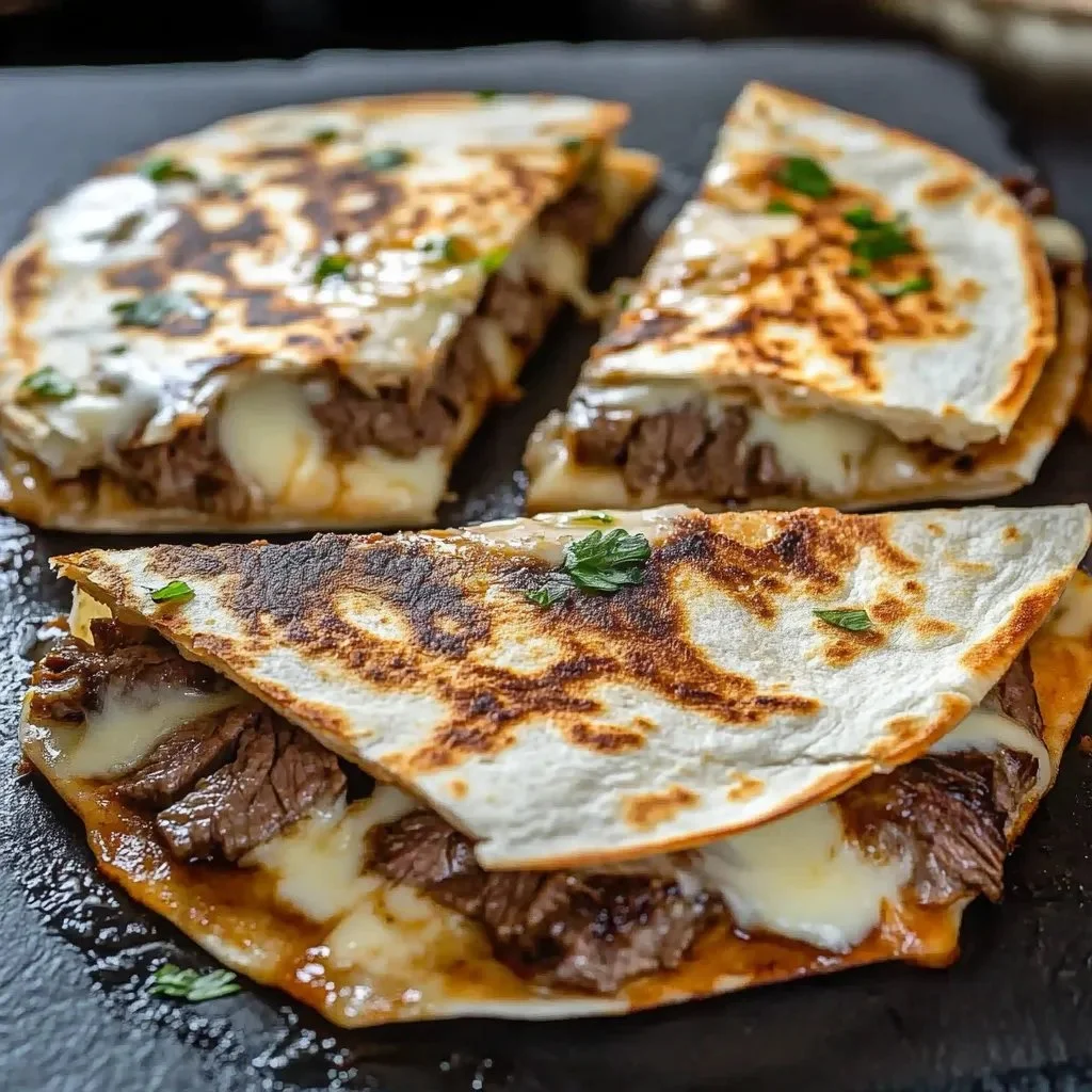 Steak cheese Blackstone quesadilla with toppings on a grill