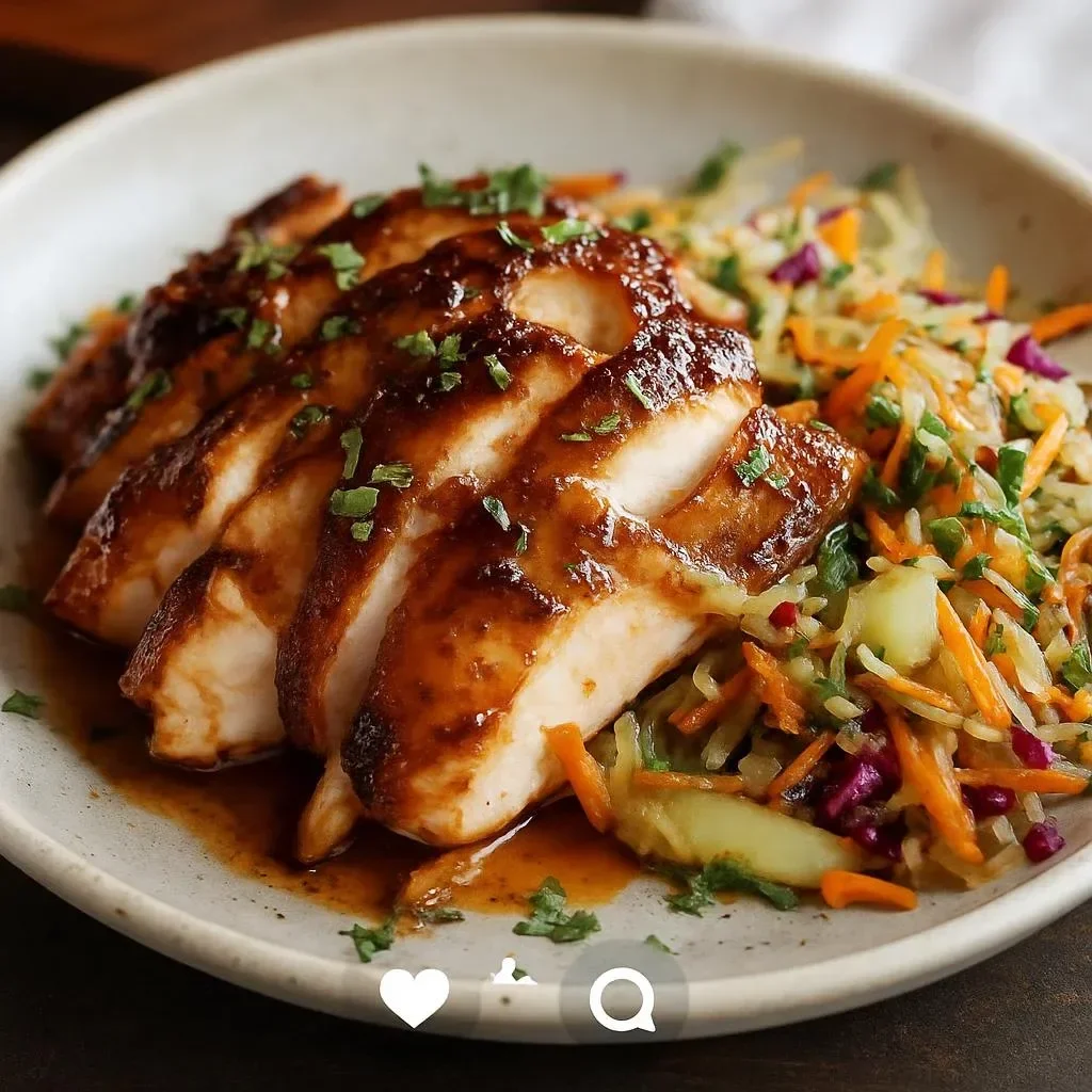 Sticky apple cider chicken served with crisp autumn slaw on a rustic table