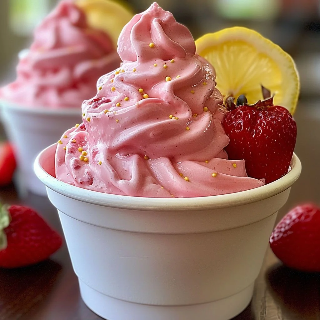 Strawberry Dole Whip Delight served in a bowl with a decorative garnish
