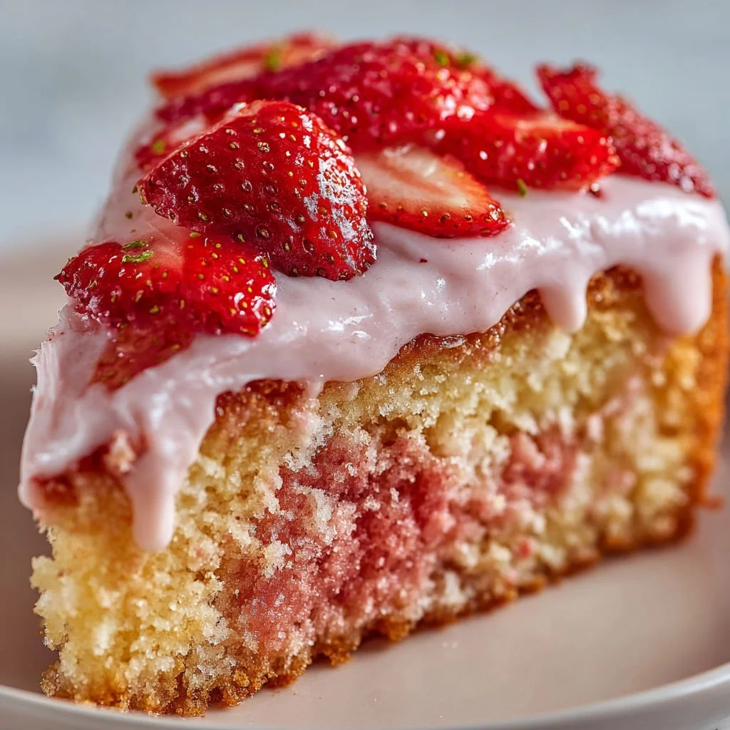 Delicious Strawberry Honeybun Cake topped with fresh strawberries and icing