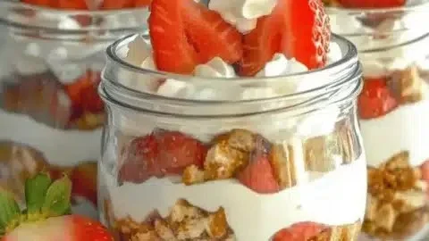 Strawberry Pretzel Salad Parfaits served in elegant glasses