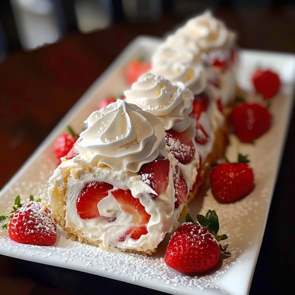 Strawberry Shortcake Cheesecake Roll dessert with fresh strawberries and cream