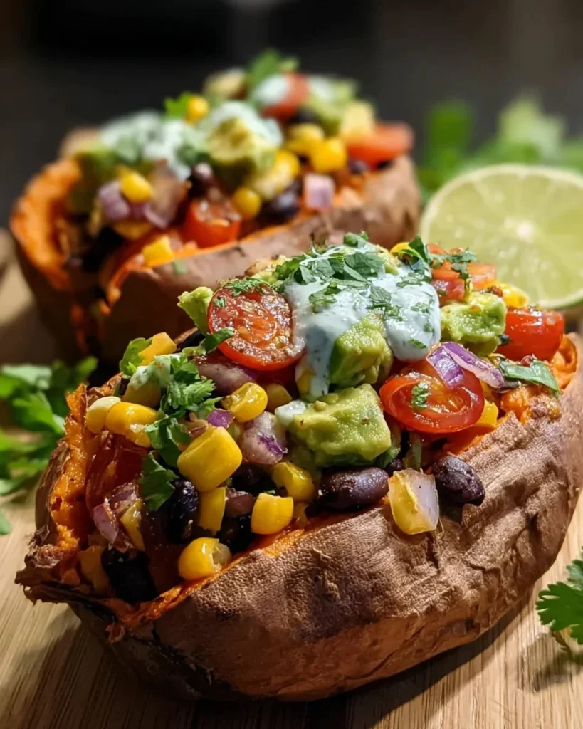 Stuffed sweet potato with avocado and black beans on a plate
