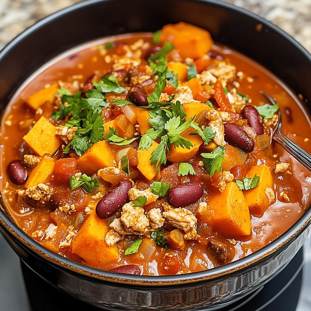 Bowl of sweet potato turkey chili topped with cilantro and avocado