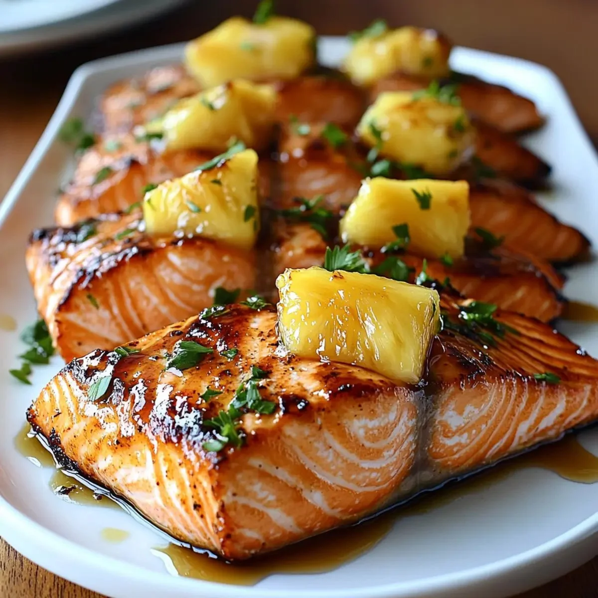 Plate of sweet and savory honey pineapple salmon with tropical garnishes.