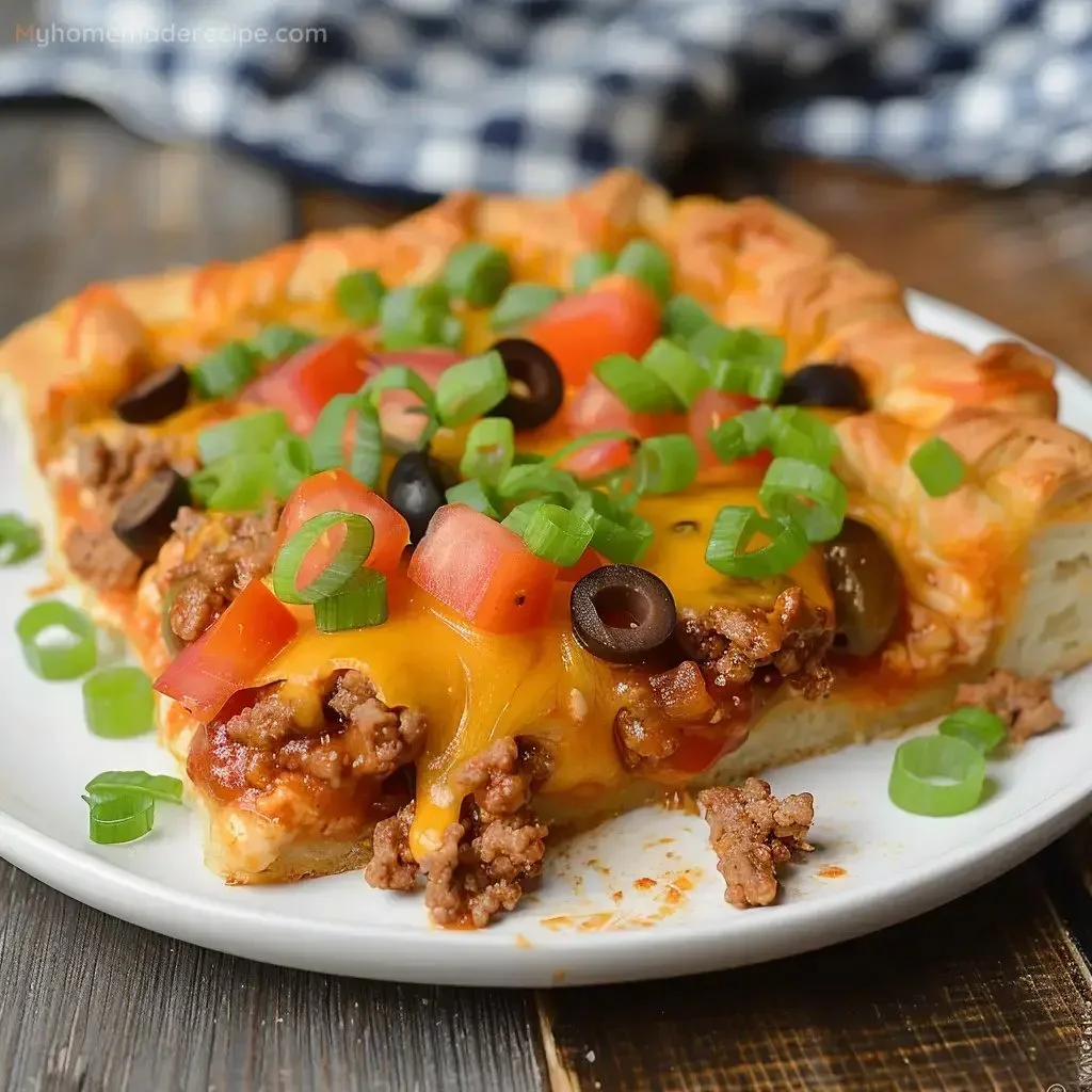 Delicious Taco Pizza topped with ground beef, cheese, lettuce, and tomatoes