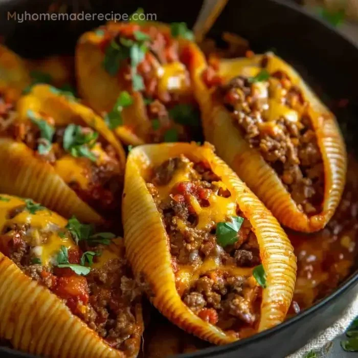 Delicious taco stuffed shells filled with seasoned beef and cheese on a plate
