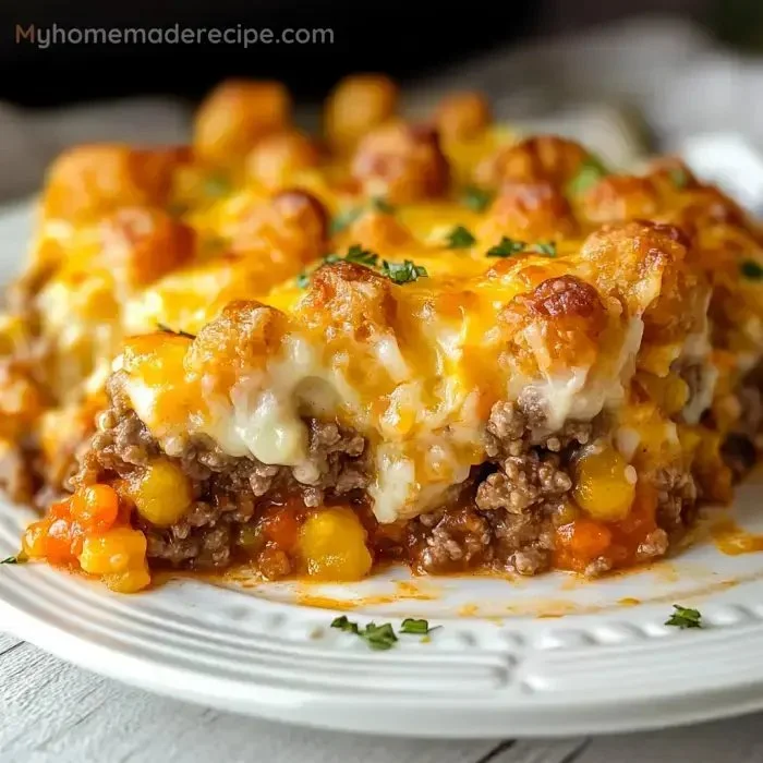 Delicious Tater Tot Casserole Shepherd's Pie with ground beef and vegetables.