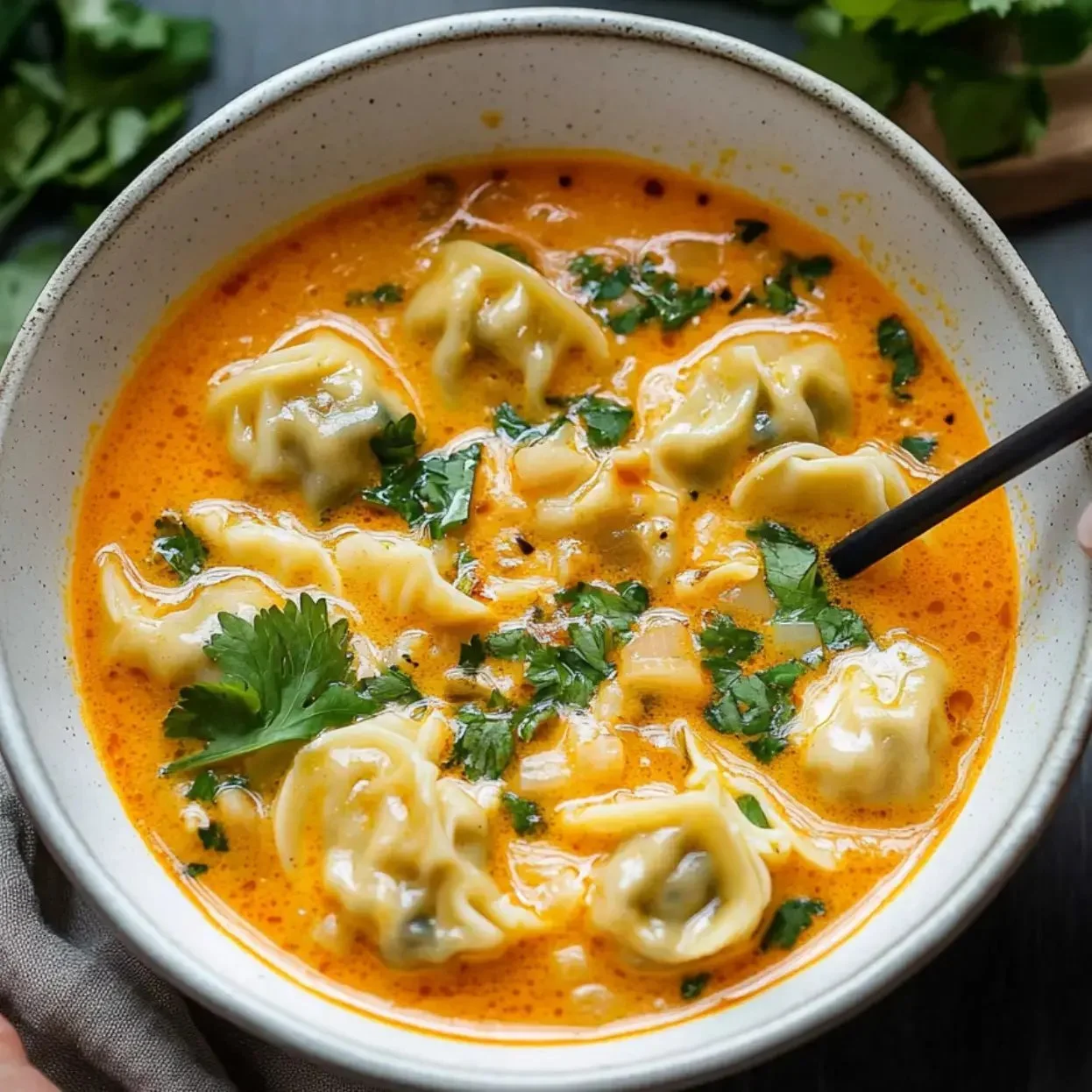 A bowl of flavorful Thai Dumpling Soup with vibrant vegetables and dumplings
