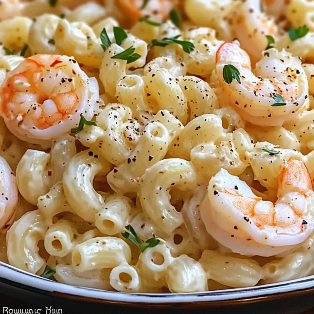 Delicious creamy shrimp macaroni salad served in a bowl.