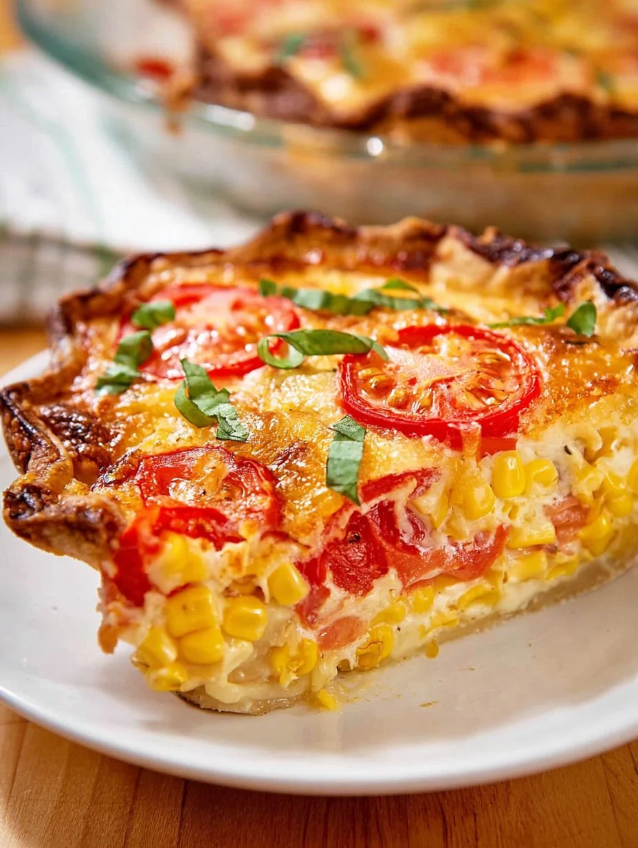 Freshly baked Tomato and Corn Pie served on a rustic wooden table.