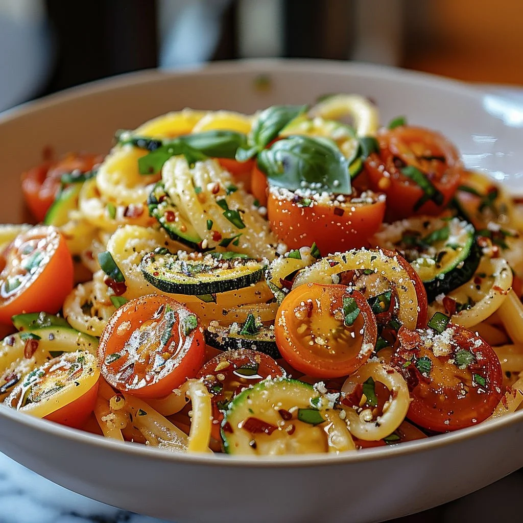 Delicious tomato zucchini pasta topped with fresh herbs and spices
