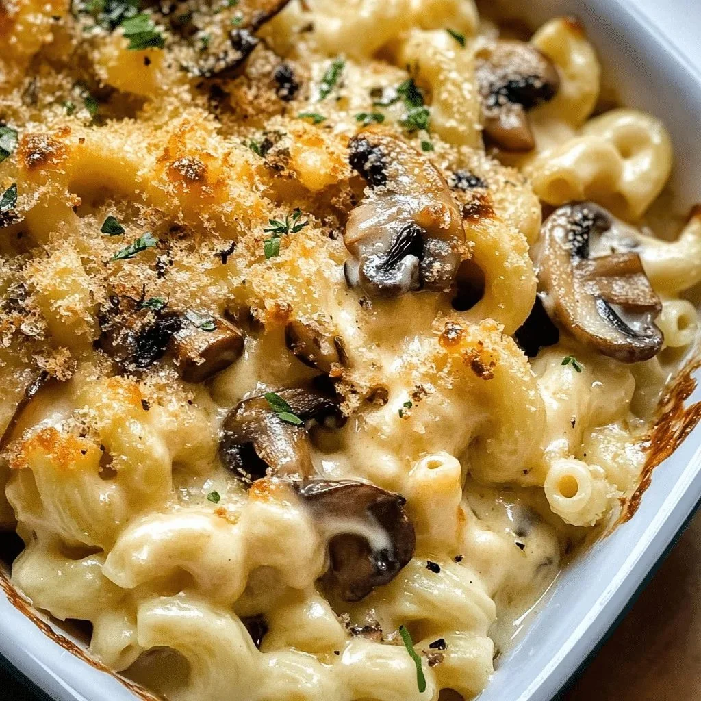 Creamy truffle mac and cheese topped with sautéed mushrooms in a bowl