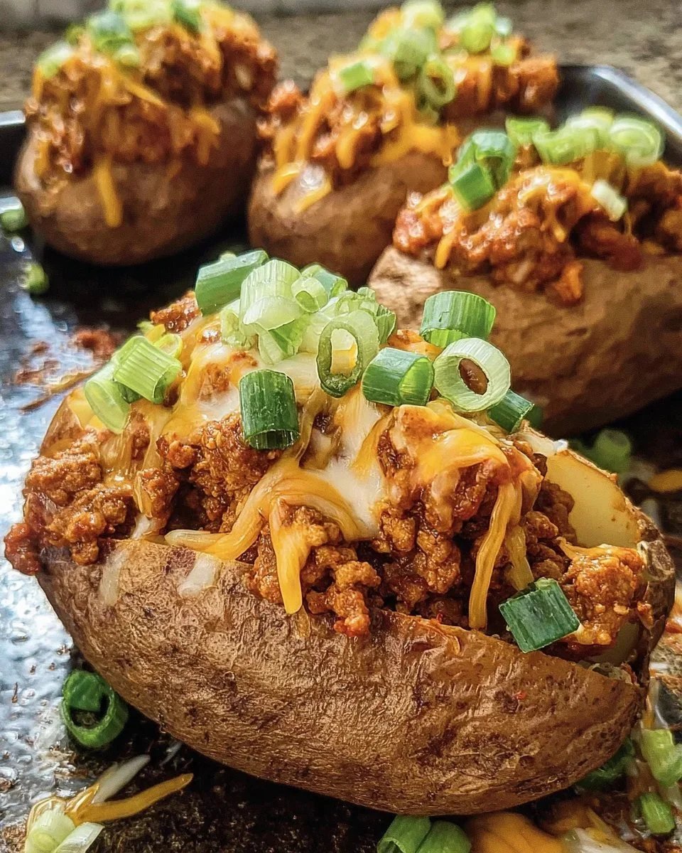 Turkey Sloppy Joe Baked Potatoes topped with savory turkey filling