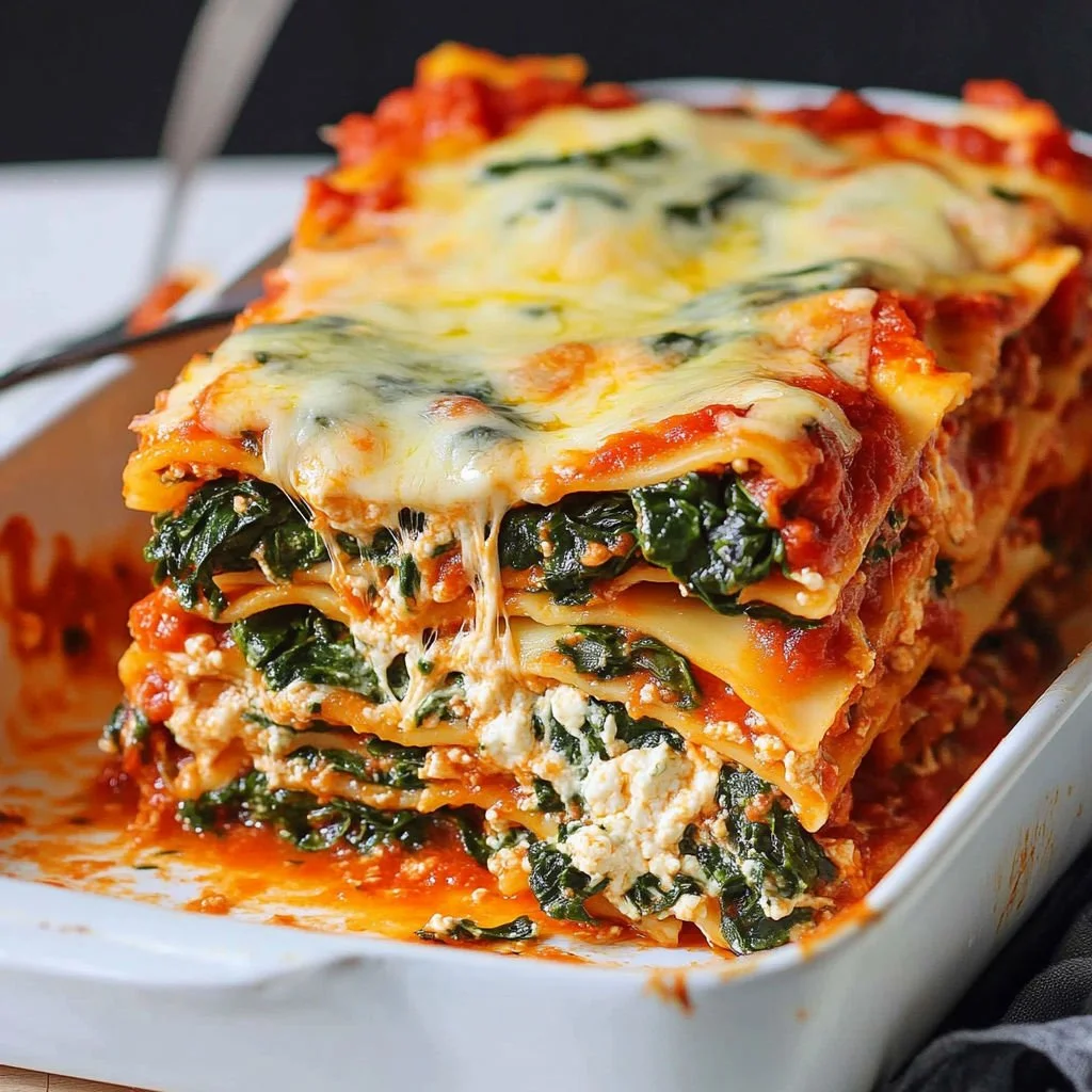 Ultimate Spinach Lasagna with layers of cheese and fresh spinach