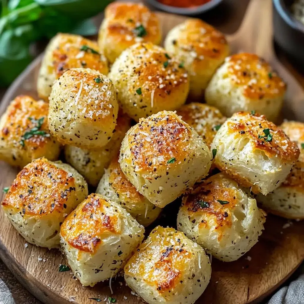 Delicious Garlic Parmesan Bread Bites served warm with herbs and seasoning.