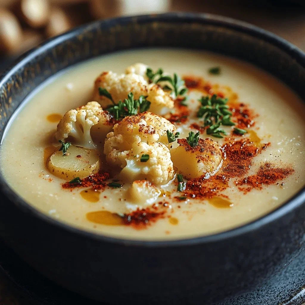 Creamy vegan potato soup with cauliflower and smoked paprika in a bowl
