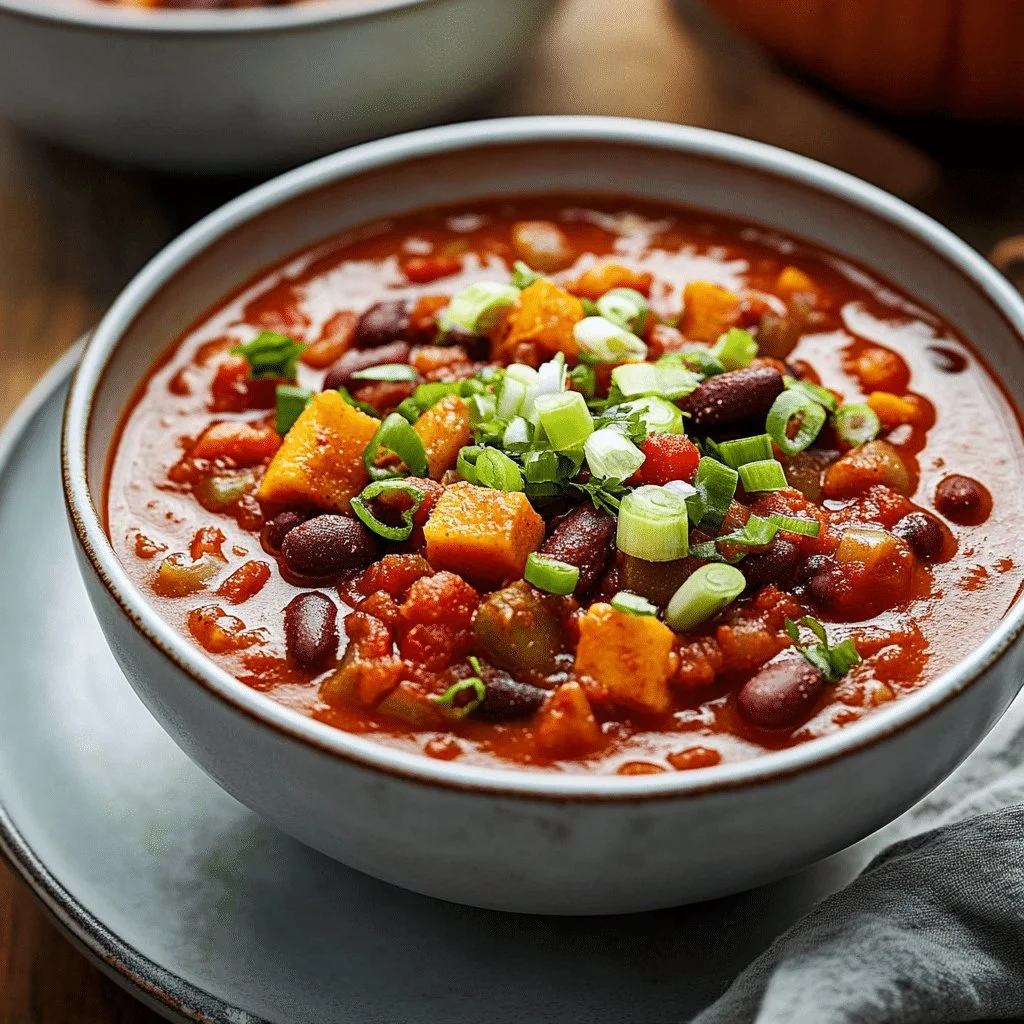A bowl of delicious vegetarian pumpkin chili topped with cilantro and served with bread.