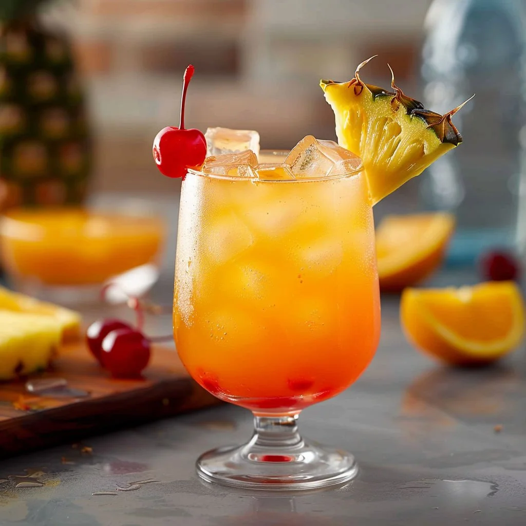 A refreshing Virgin Island Breeze cocktail garnished with fruits and served in a stylish glass.