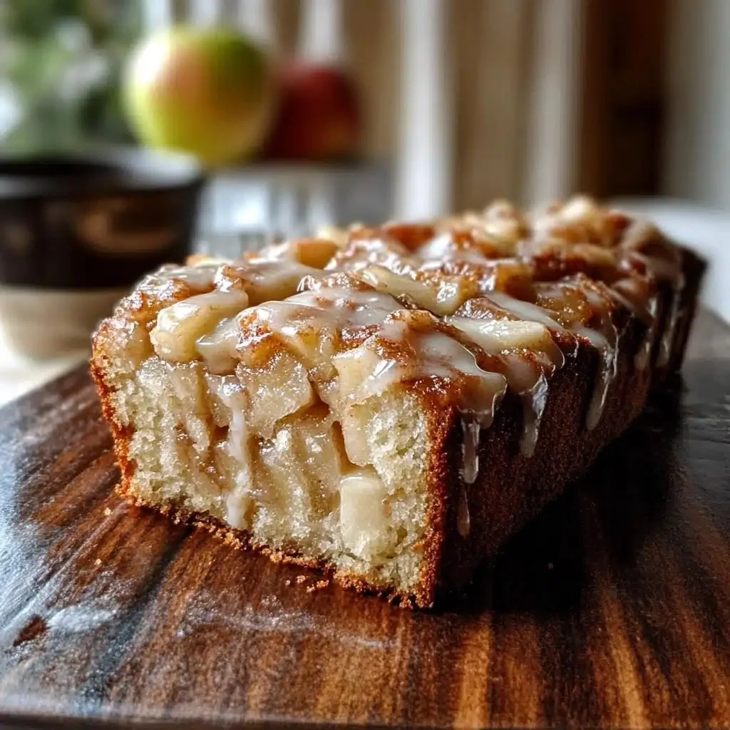 Slice of warm Amish apple fritter bread with apples and cinnamon on a plate