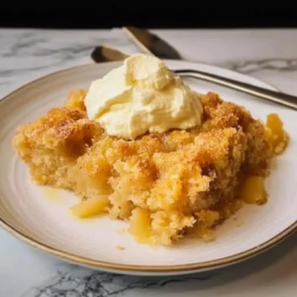 Warm pear dump cake served in a rustic dish, topped with whipped cream.