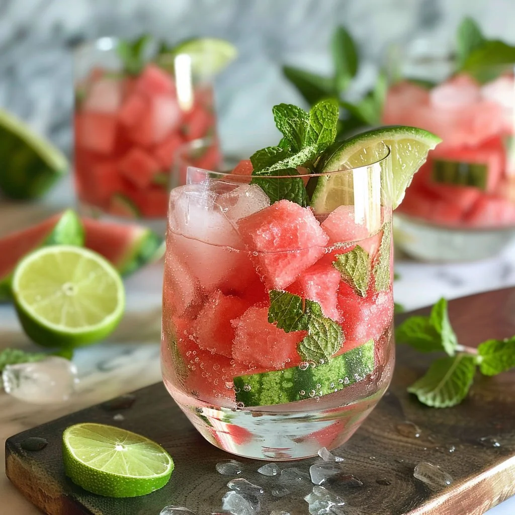 Watermelon Lime Mint Mocktail served in a glass with fresh mint and lime slices