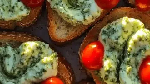 Delicious whipped pesto ricotta crostini served on a wooden platter