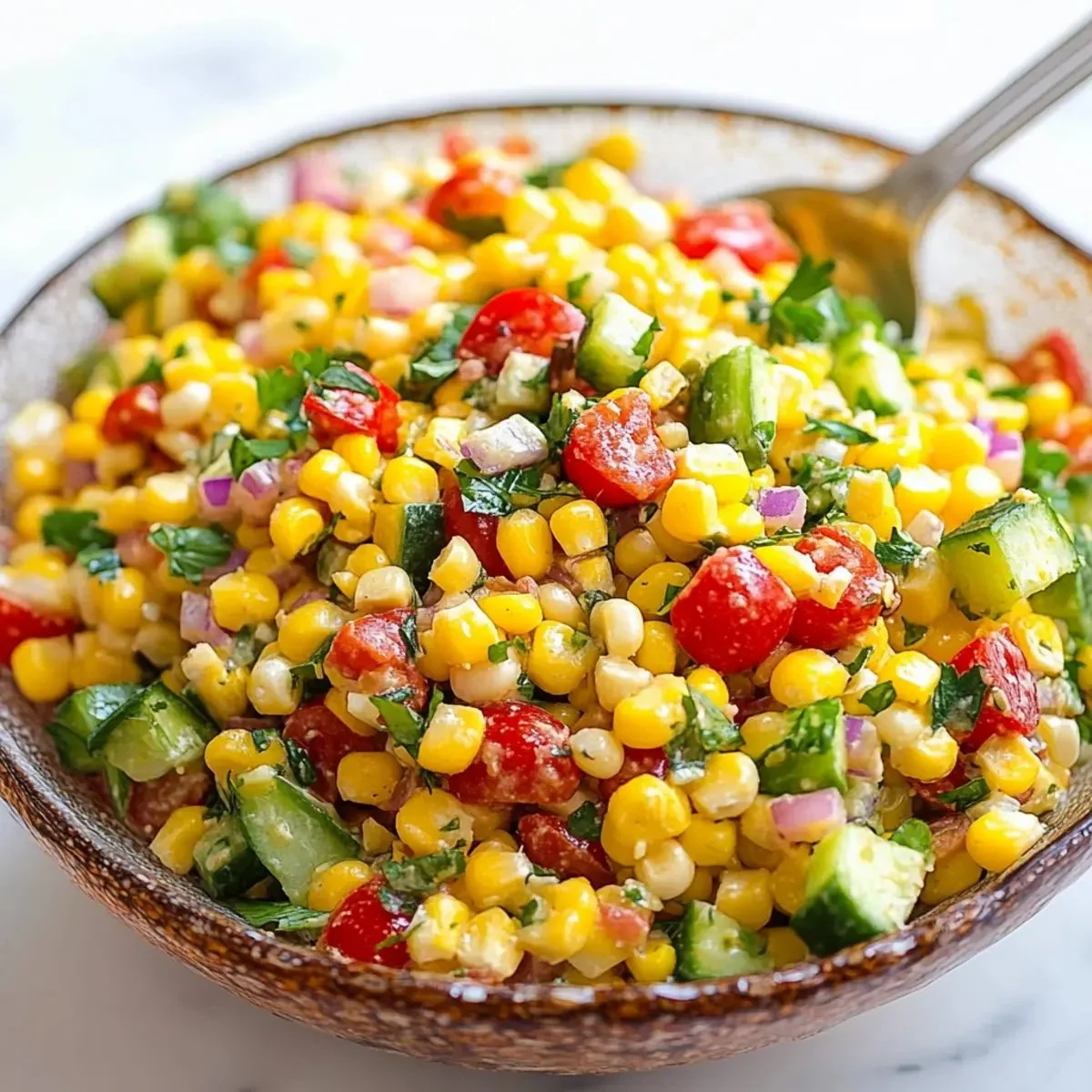 Zesty corn salad in a bowl, a perfect summer side dish with vibrant ingredients.