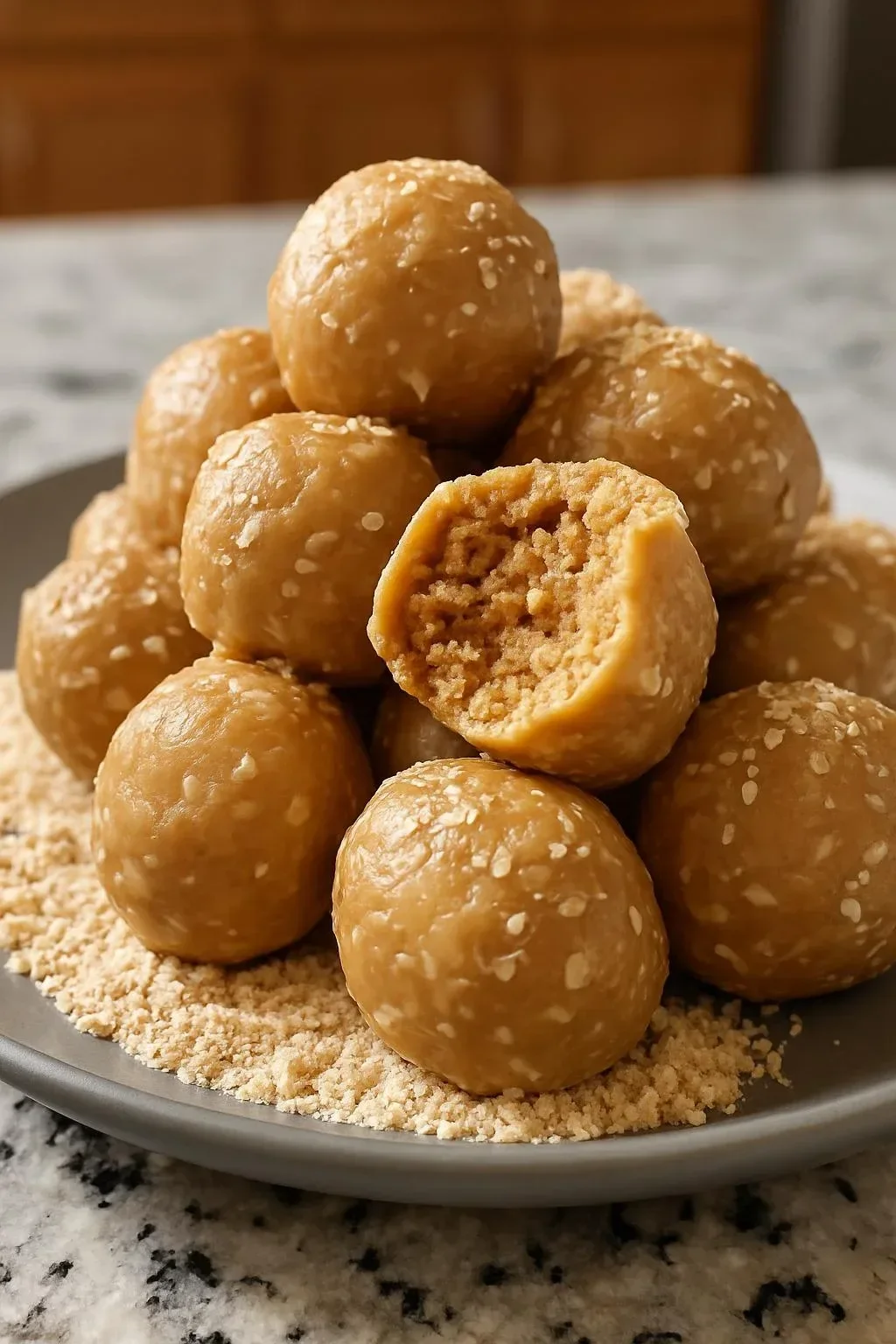 Plate of homemade 3-ingredient peanut butter balls ready to enjoy