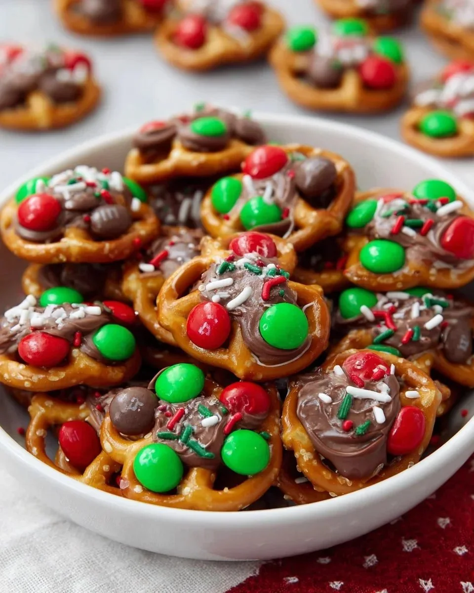 Delicious 4-ingredient pretzel treats decorated for Christmas.