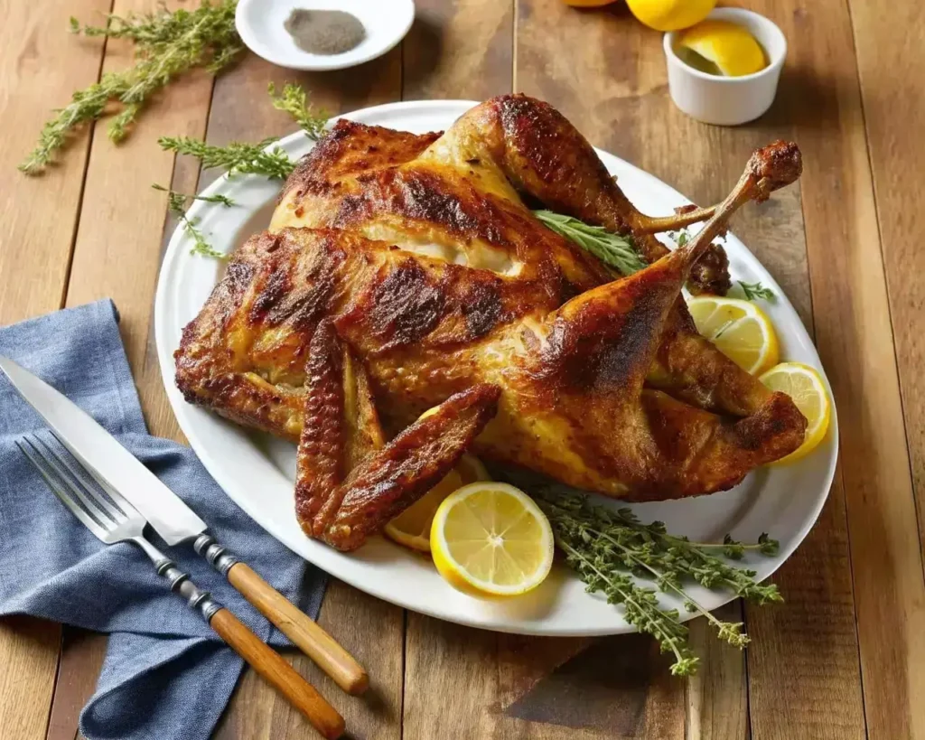 Smoky herb-rubbed spatchcocked turkey ready for a festive table