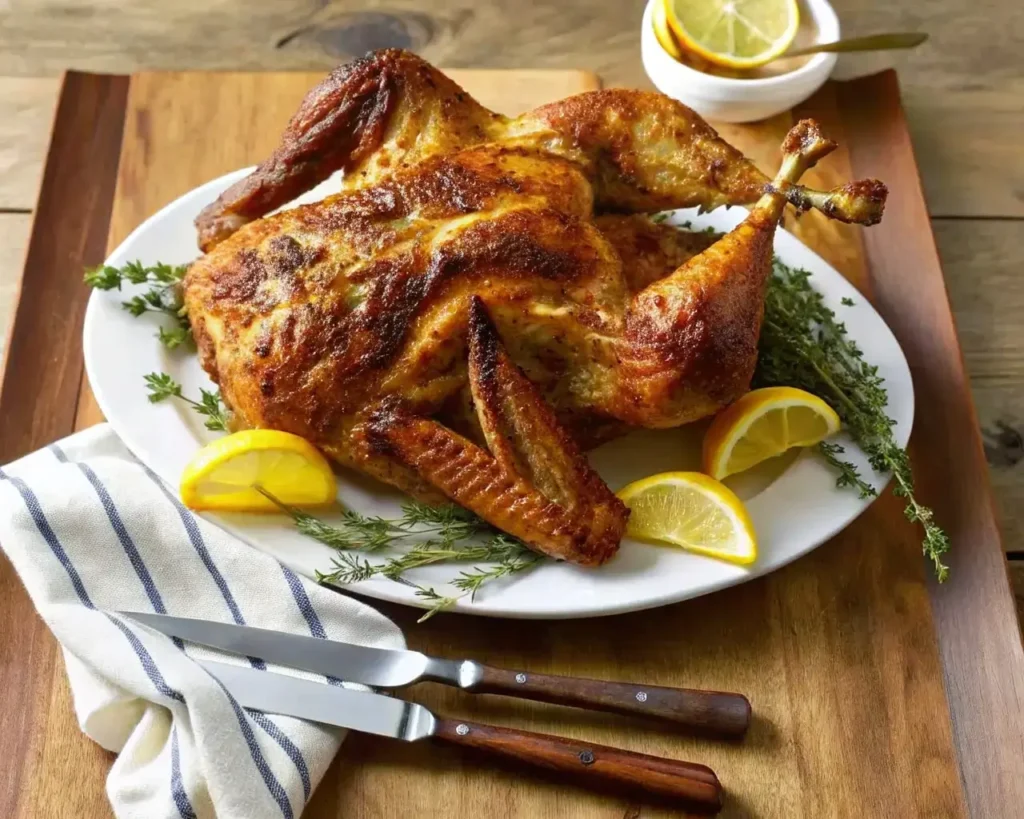 Smoky herb-rubbed spatchcocked turkey ready for a festive table