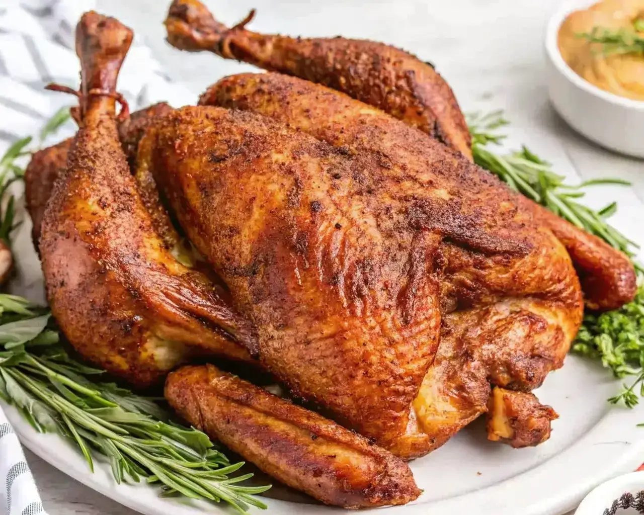 Smoky herb-rubbed spatchcocked turkey ready for a festive table