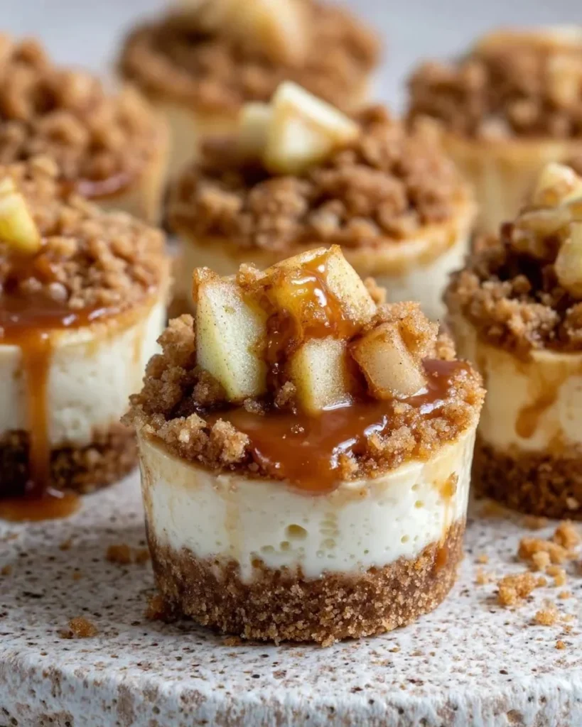 Apple Crisp Cheesecake Bites served on a platter, showcasing their delicious layers.