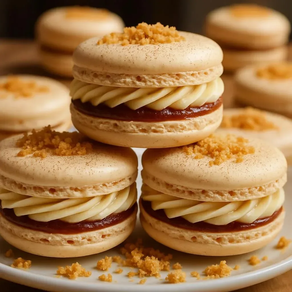 Delicious Apple Pie Macarons on a rustic wooden table, showcasing fall flavors.