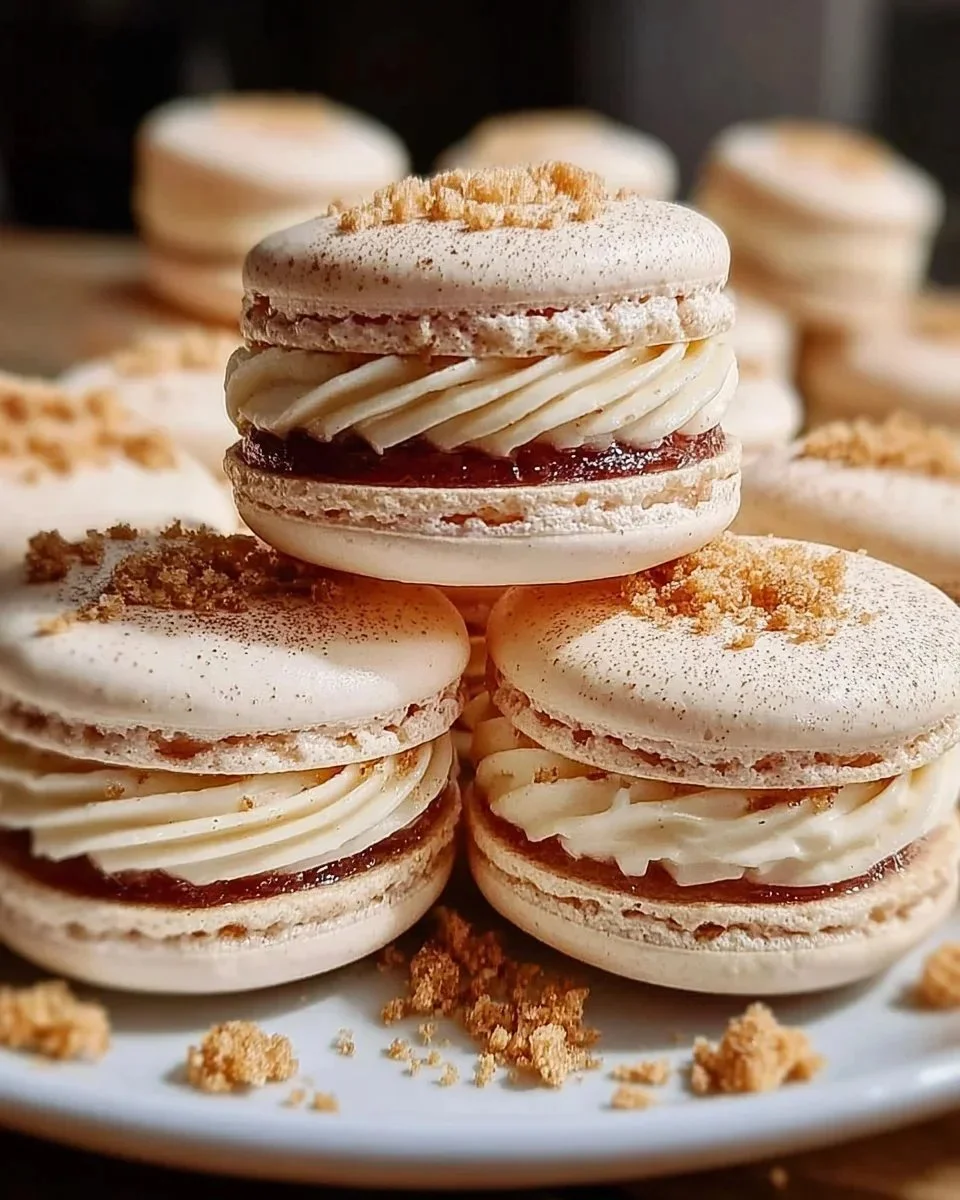 Delicious apple pie macarons on a rustic wooden table