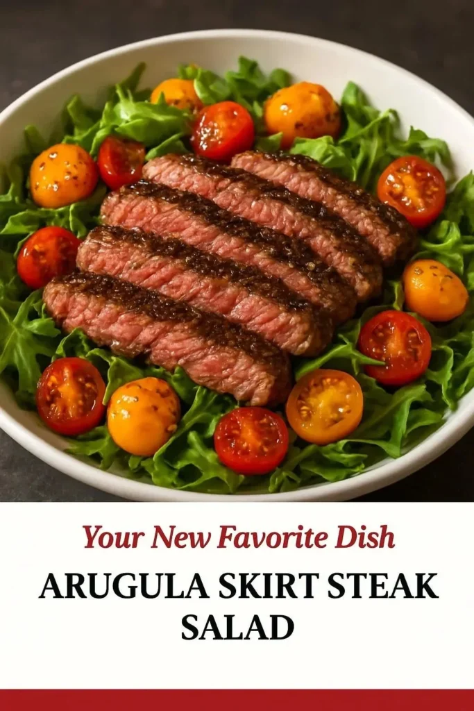 Arugula skirt steak salad with sliced steak on top of fresh greens