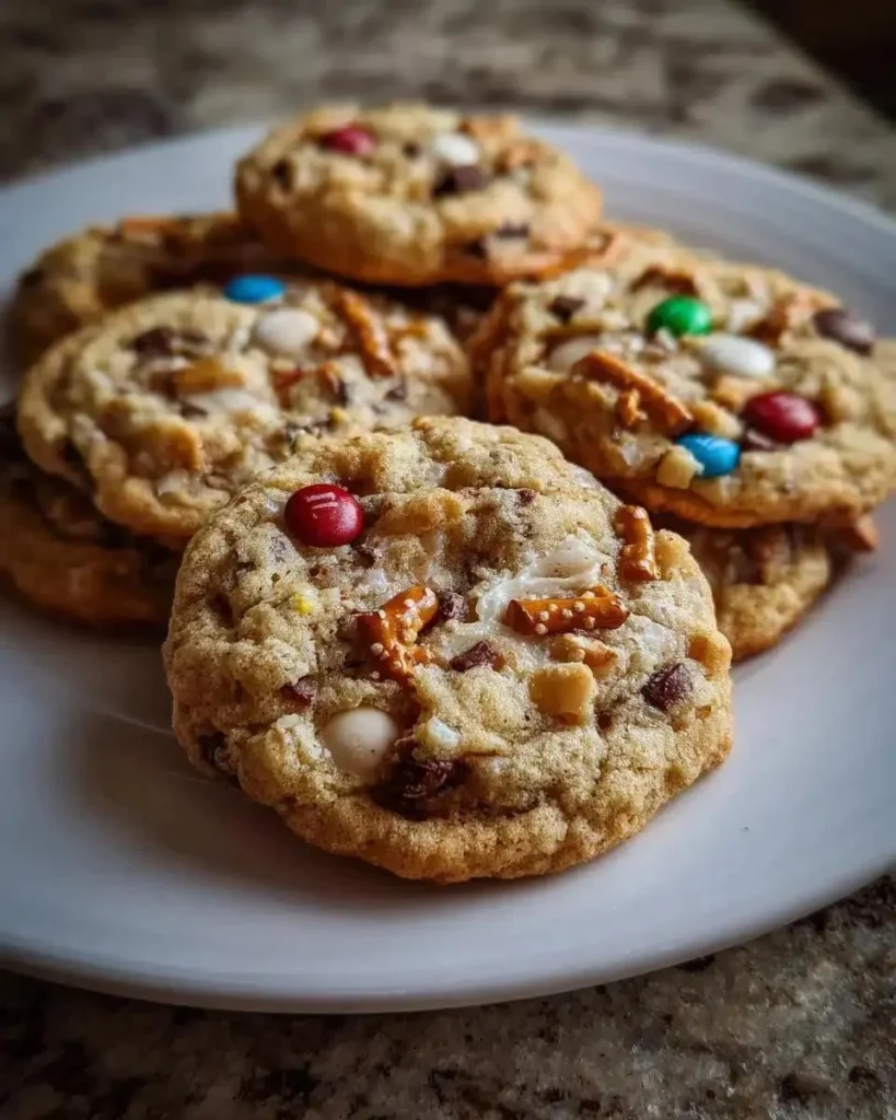 Delicious Christmas Kitchen Sink Cookies with colorful toppings and festive decorations.
