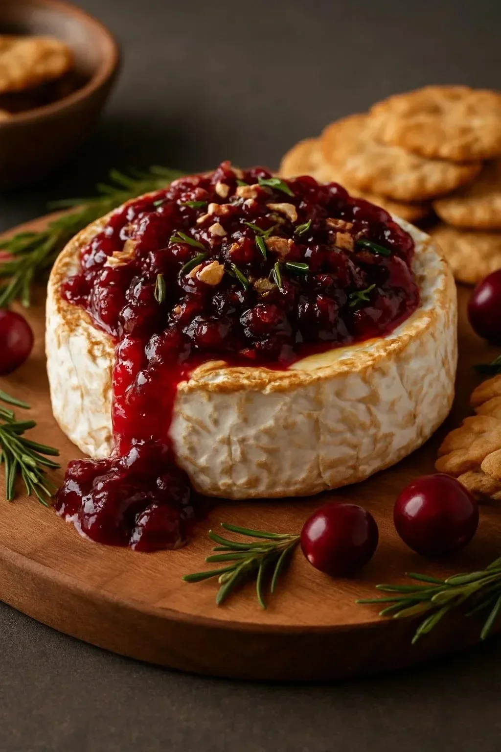 Baked Brie topped with cranberry sauce served on a wooden board.