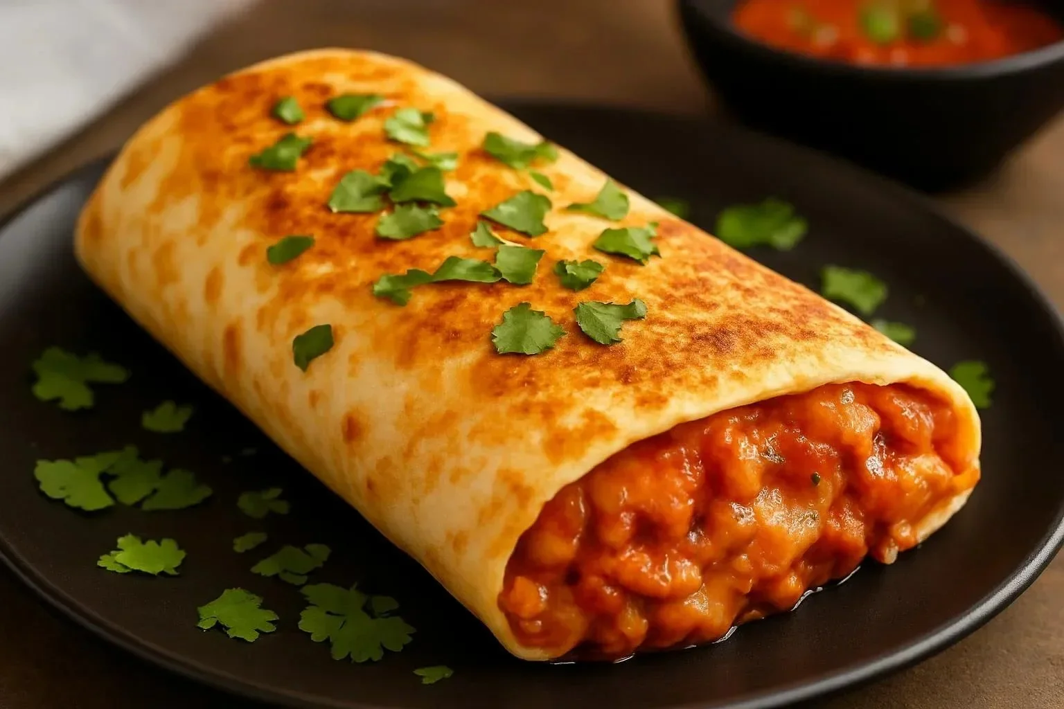 Crispy baked chicken chimichangas served with salsa and guacamole