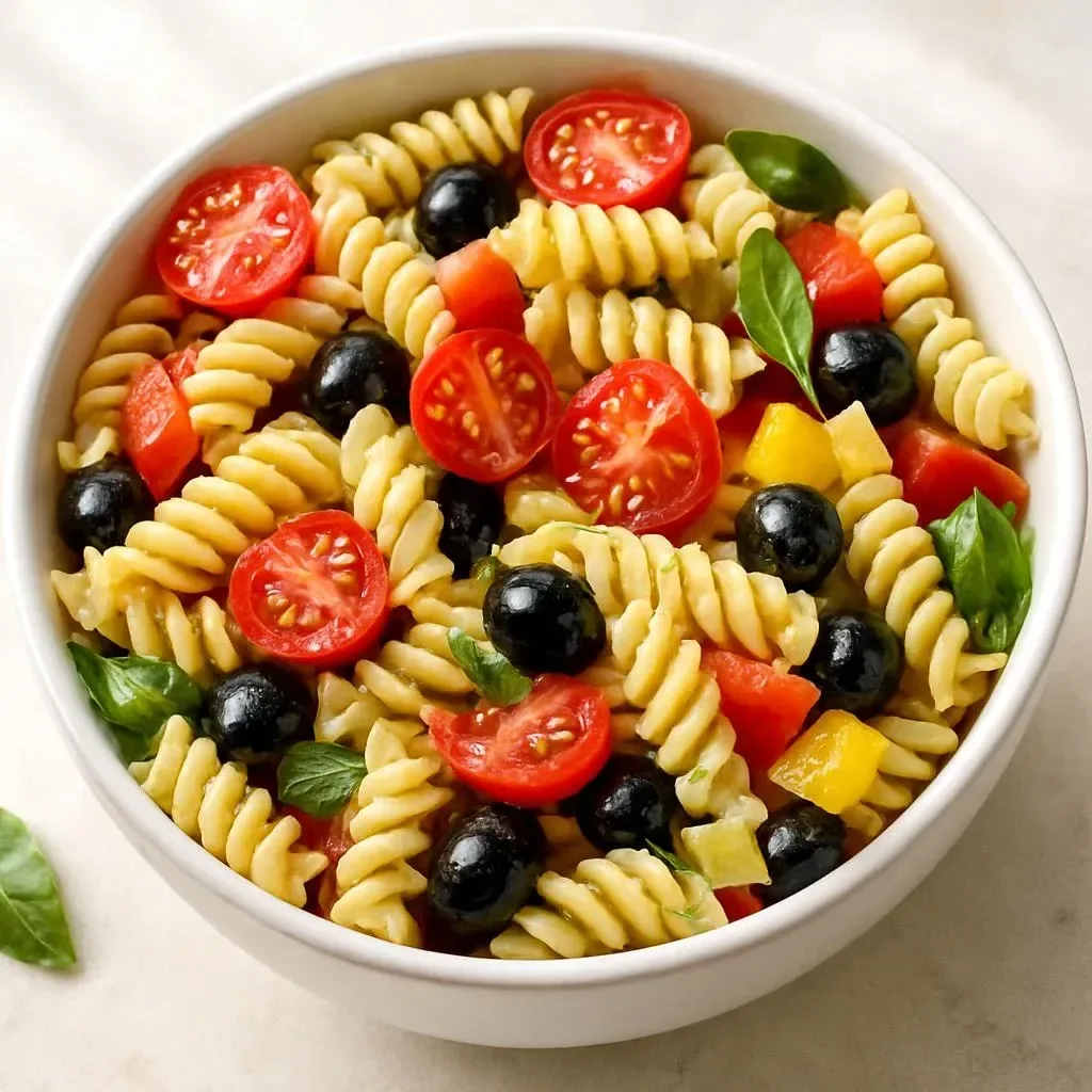 Colorful Italian pasta salad with fresh vegetables and herbs