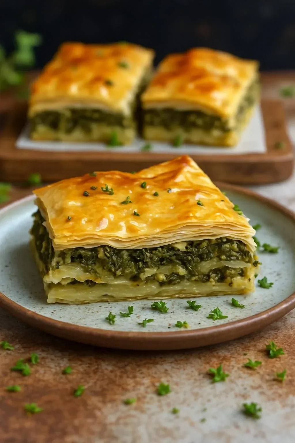 Delicious slice of the best ever spinach pie on a plate