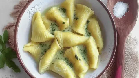 Homemade Kreplach dumplings served in a bowl with broth