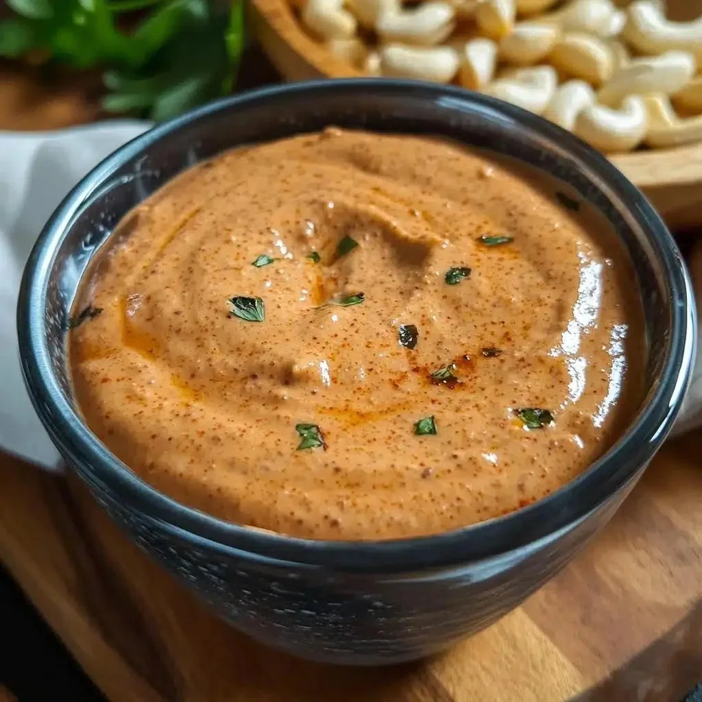 Bold and creamy roasted red pepper cashew dip served in a bowl