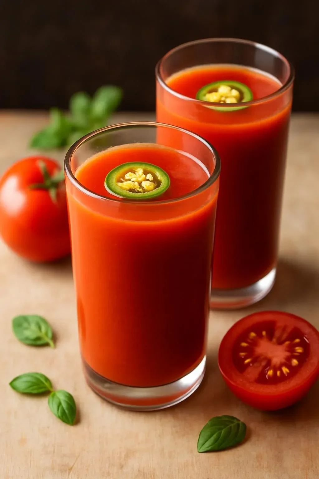 Bottles of homemade tomato juice ready for canning and preserving
